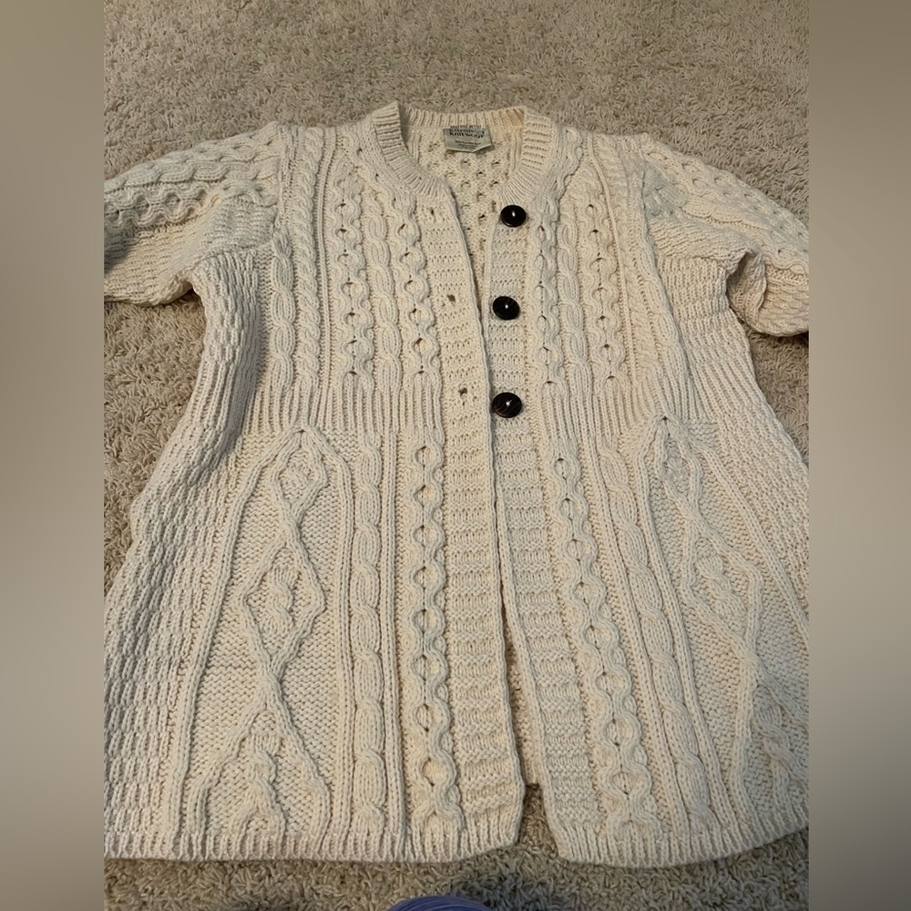 Kilronan Knitwear Women’s S Cream Ivory Wool Cardigan Sweater 3/4 Sleeves Irish - Picture 2 of 6